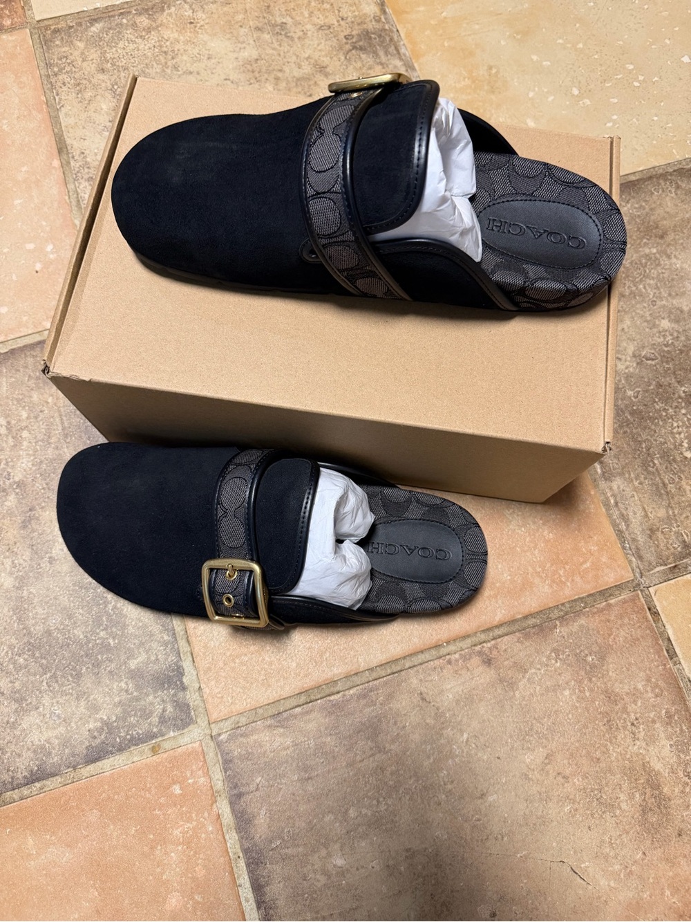 Coach Black Suede Slip-On Mule with Signature Monogram Strap and Buckle